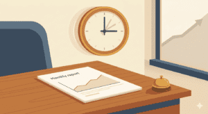 Calm Presncee of an office setting where on table there is a P&L report
